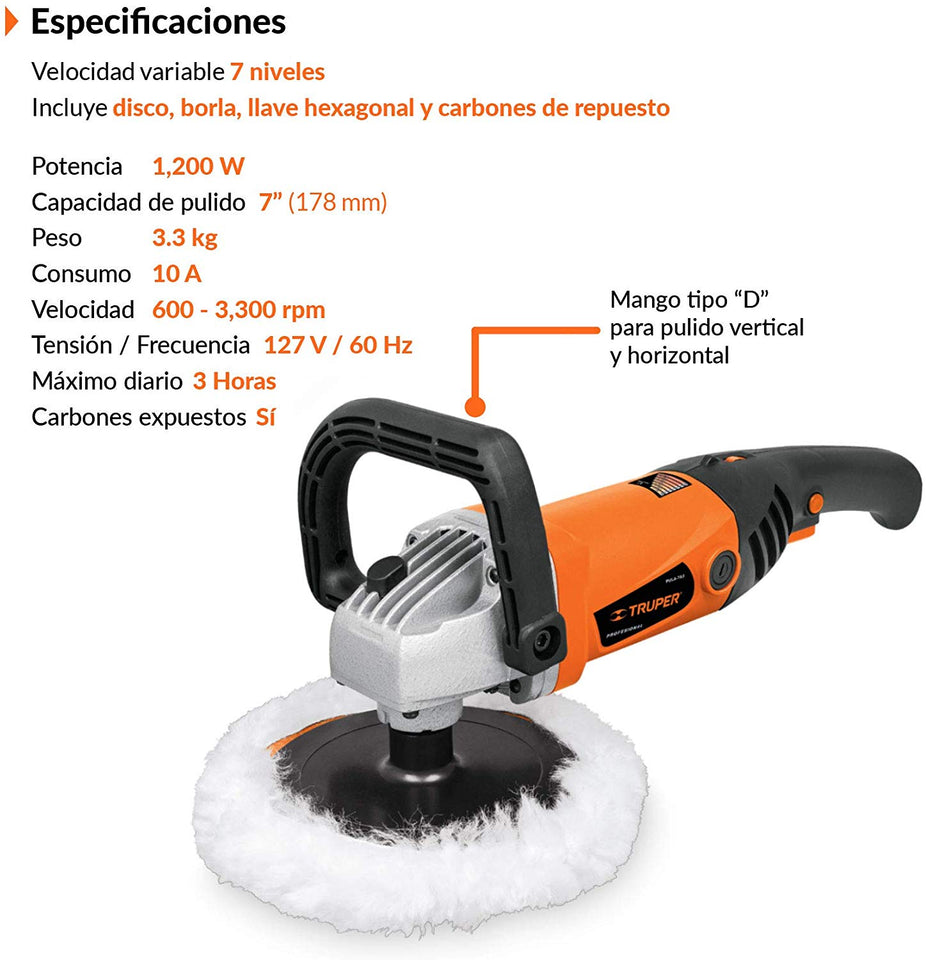 Truper PULA-7A3, Pulidora 7", Profesional, 1 200 W